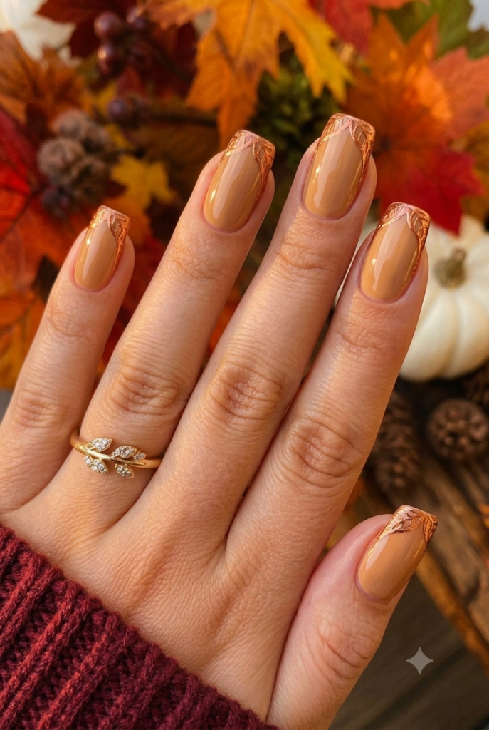 Squoval nails with nude polish and copper metallic leaf tips