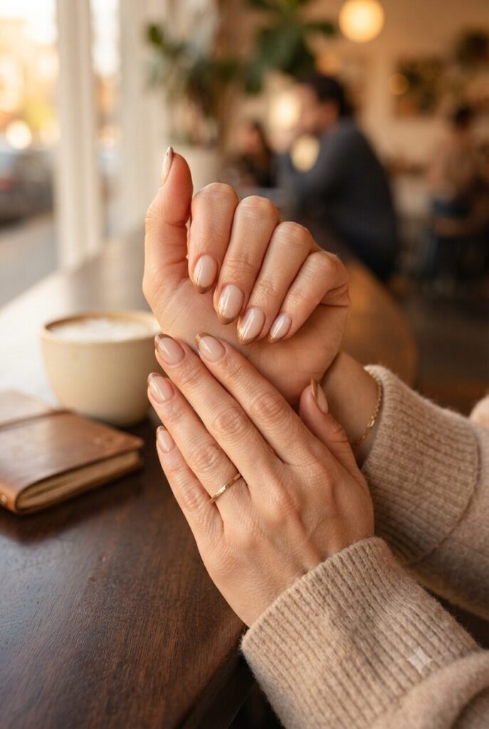 Short almond nails with nude base and cinnamon latte brown French tips