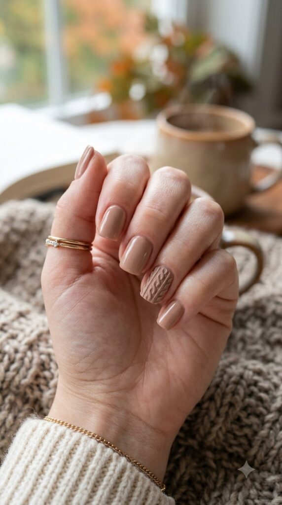 Warm nude nails with a cozy knit accent design