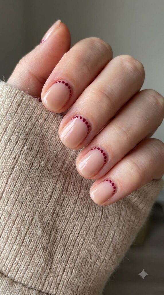 Short round nails with blush base and cranberry red dots