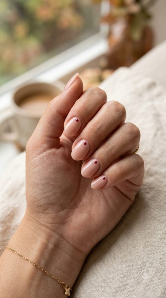 Blush nude nails with tiny cranberry dot accents