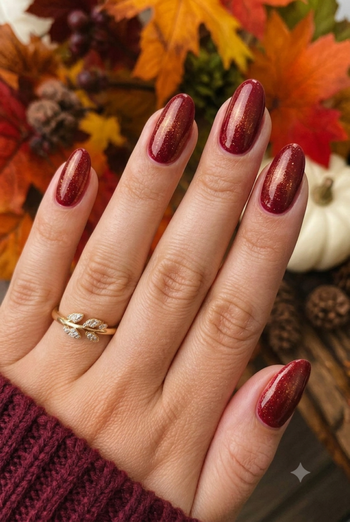 Oval nails with deep cranberry red polish and gold micro-shimmer