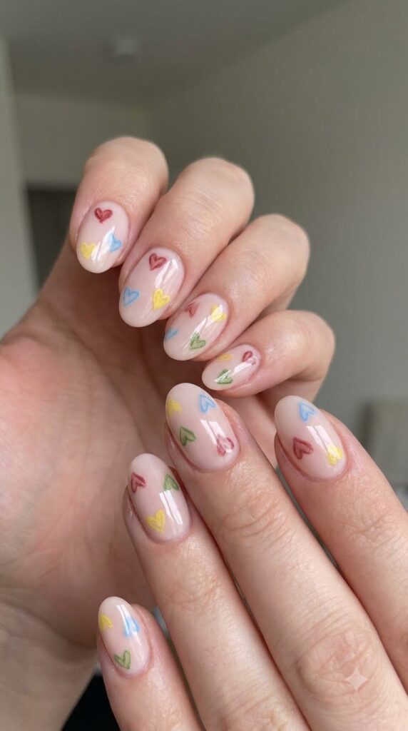 Nude nails with tiny hearts in red blue yellow and green