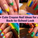 Collage of cute crayon nail ideas for a fun back-to-school look in 2026