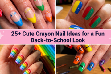 Collage of cute crayon nail ideas for a fun back-to-school look in 2026
