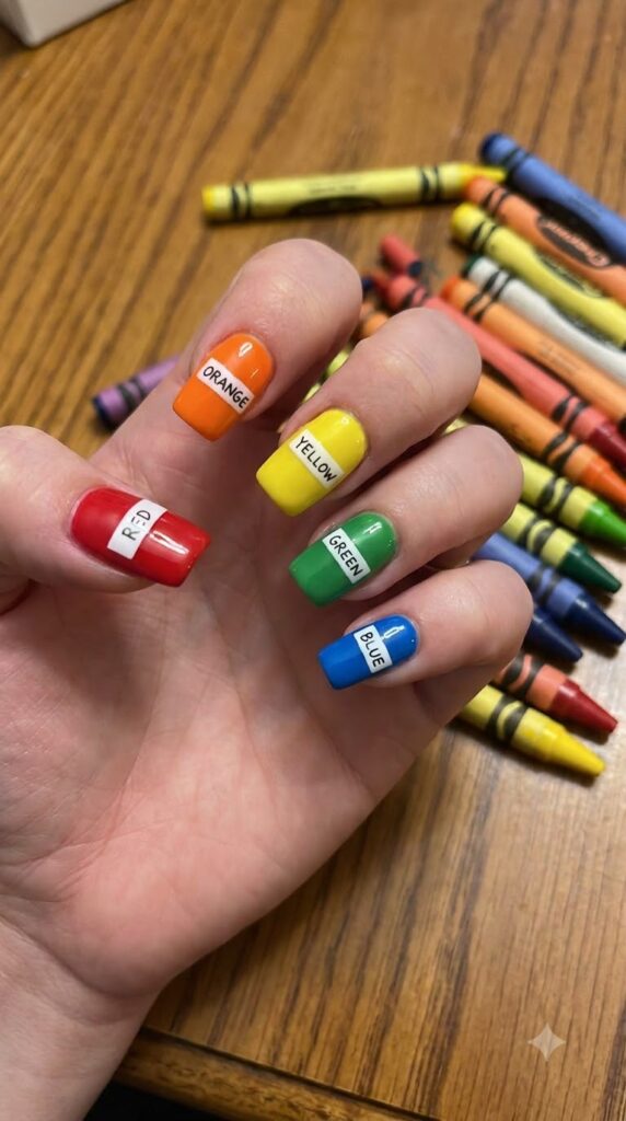 Bright nails with tiny crayon-style name label details