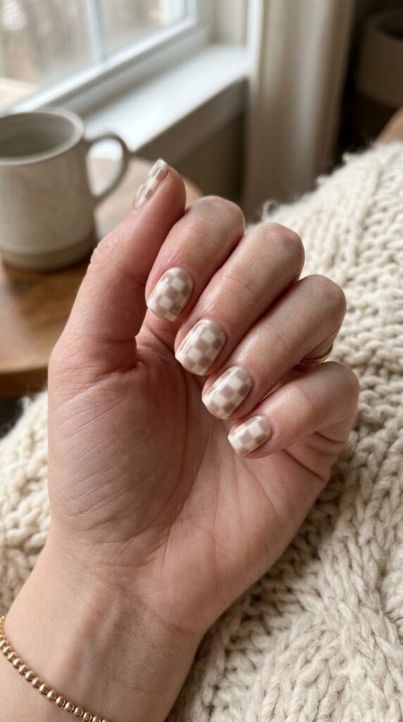Cream and taupe checker nails for a cute fall look