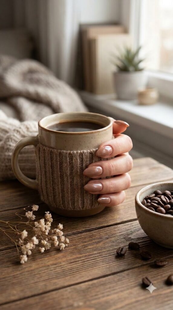Almond nails with light mocha brown polish and glossy glaze