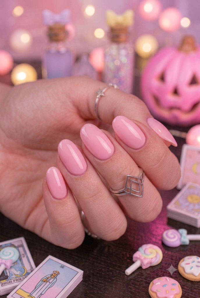 Short oval nails with glossy soft cotton candy pink polish