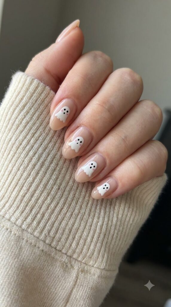 Short almond nails with nude base and cute white painted ghosts