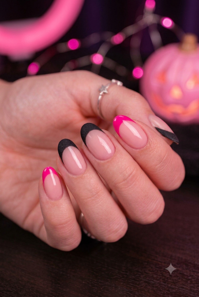 Short almond nails with hot pink and matte black French tips