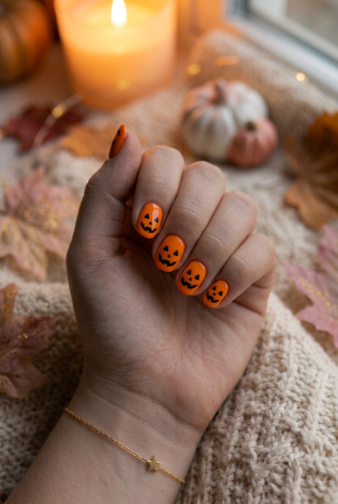 Short round orange nails with hand-painted black jack-o-lantern smiles