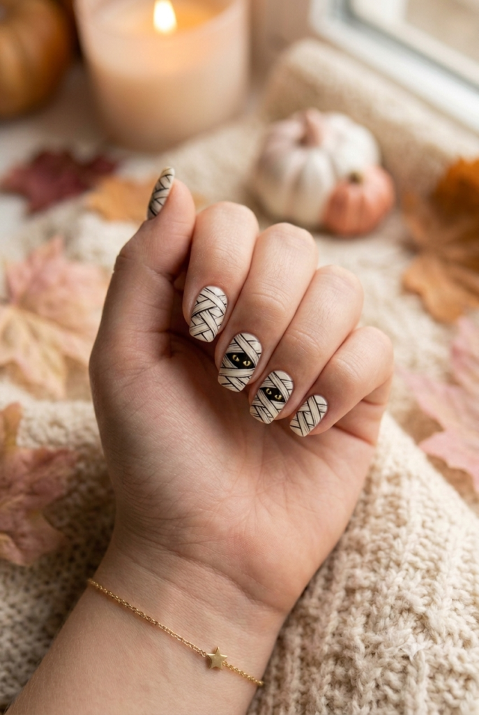 Short squoval nails with off-white mummy bandage lines and tiny eyes