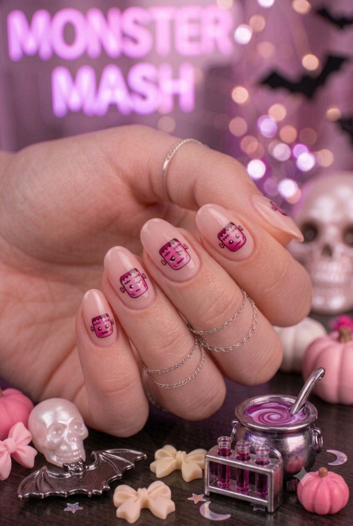 Short almond nails with nude pink base and tiny darker pink Frankenstein accents