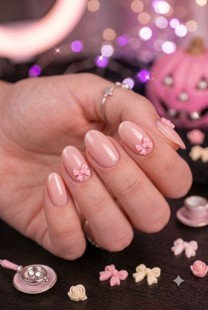 Short oval nails with nude pink base and tiny pink bow accents