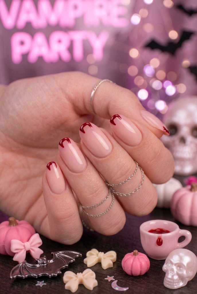 Short almond nails with blush pink base and tiny red vampire fang accents