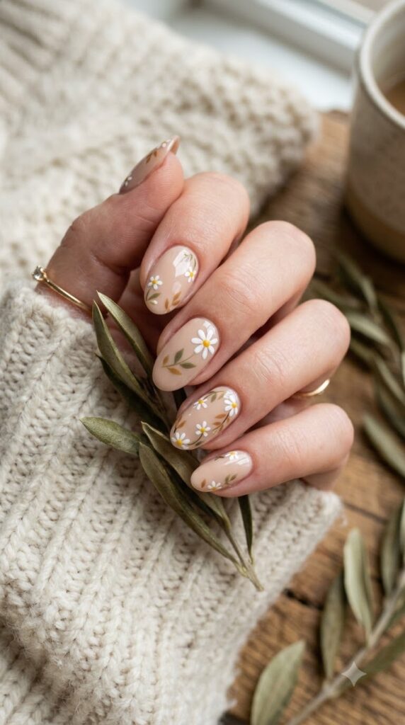 Nude September nails with tiny daisies and leaf accents