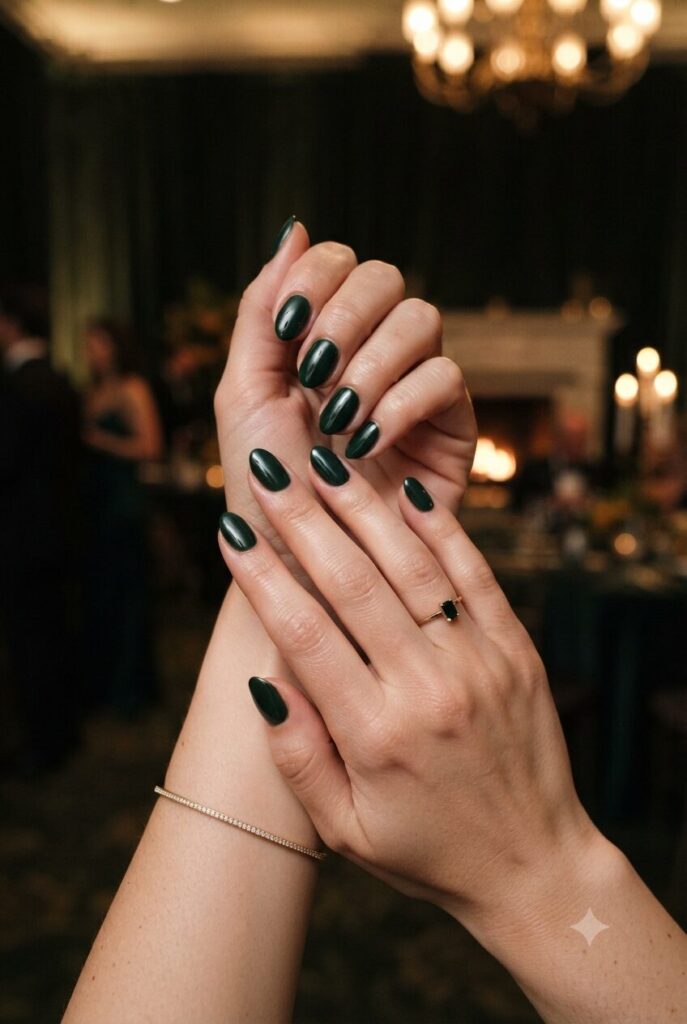 Short almond nails with glossy dark forest green polish