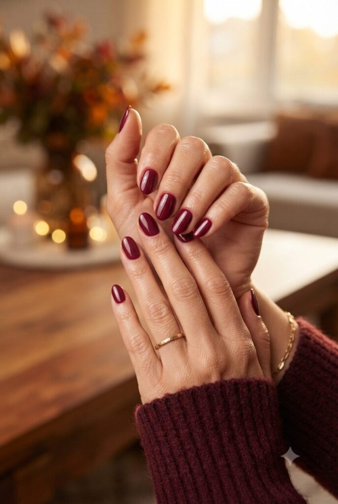 Short almond nails with glossy deep berry wine red polish