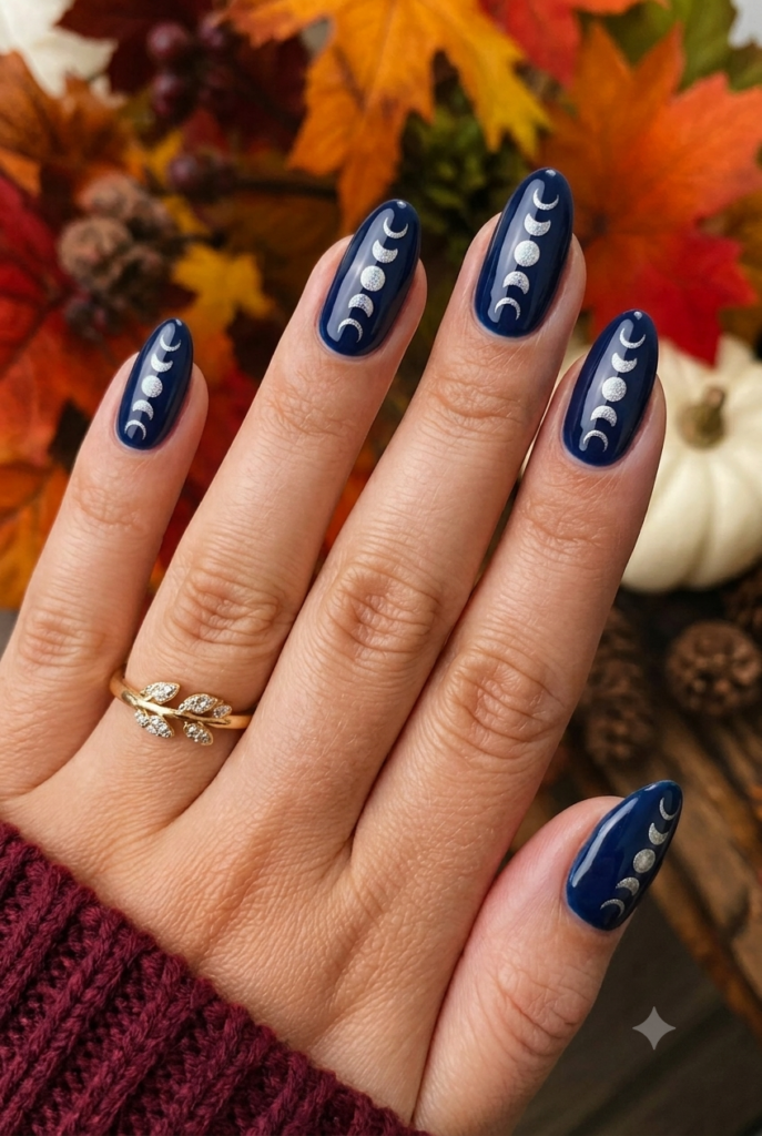 Almond nails with dark midnight navy blue and silver moon phases