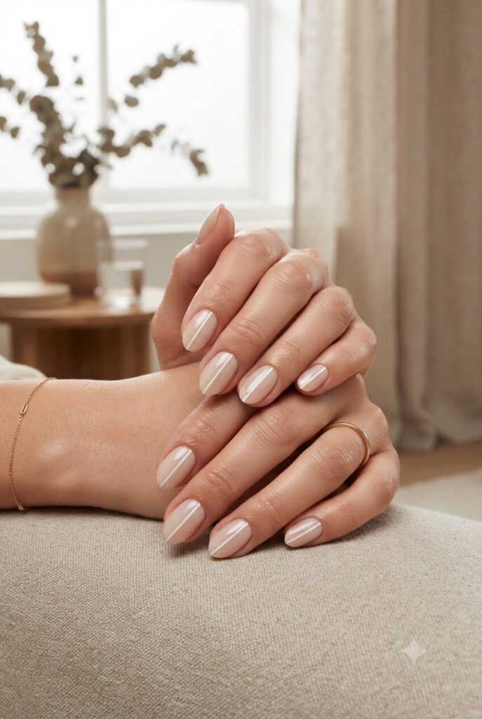 Short almond nails with nude base and thin diagonal white line