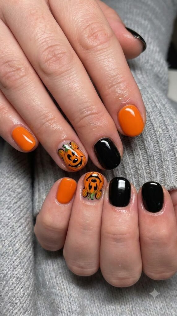 Short round nails with orange black polish and Mickey pumpkin accent