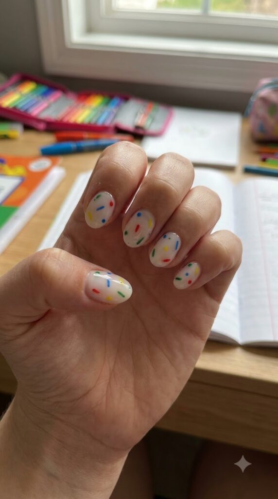 Milky nails with dots and dashes in crayon colors