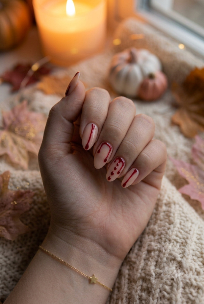 Short almond nails with nude base and glossy ruby red drip tips