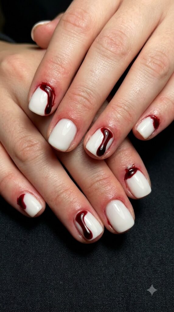 Short white nails with dark red dripping blood from cuticles