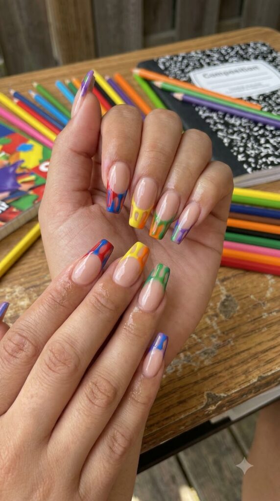 Nude nails with bright dripping crayon tip accents