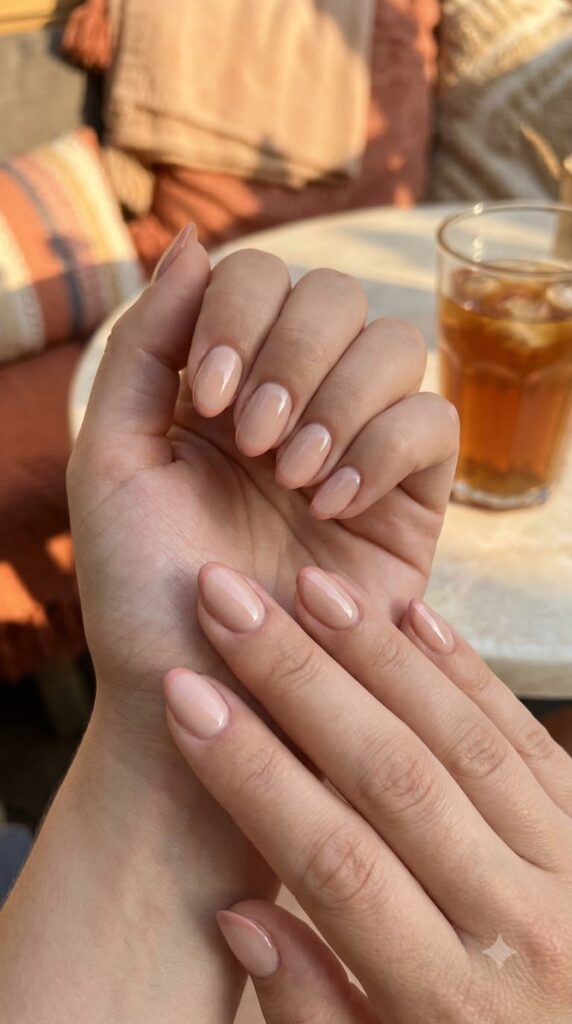 Short almond nails with nude base and dusty peach French tips