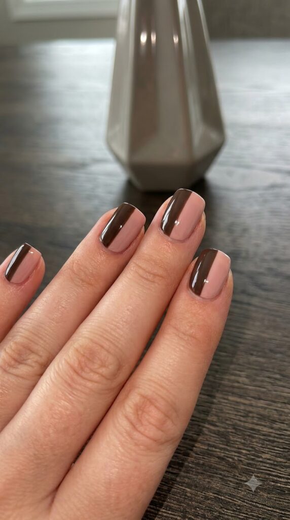 Short squoval nails split with espresso brown and blush pink polish