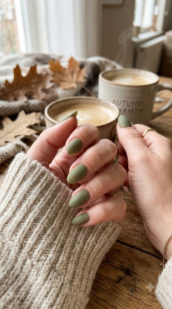 Faded olive matte nails for an earthy September style