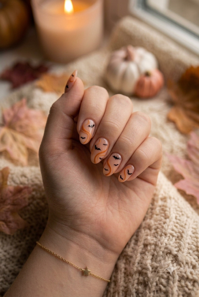 Almond nails with nude base, warm orange swirls, and tiny flying bats