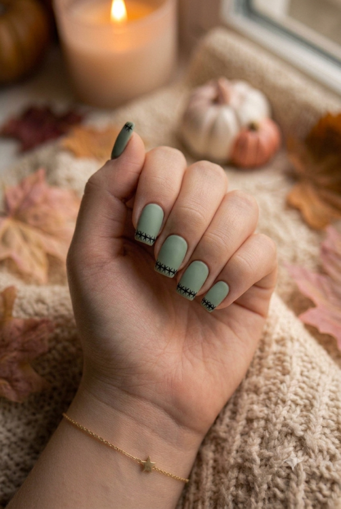 Short square sage green nails with black Frankenstein stitch tips