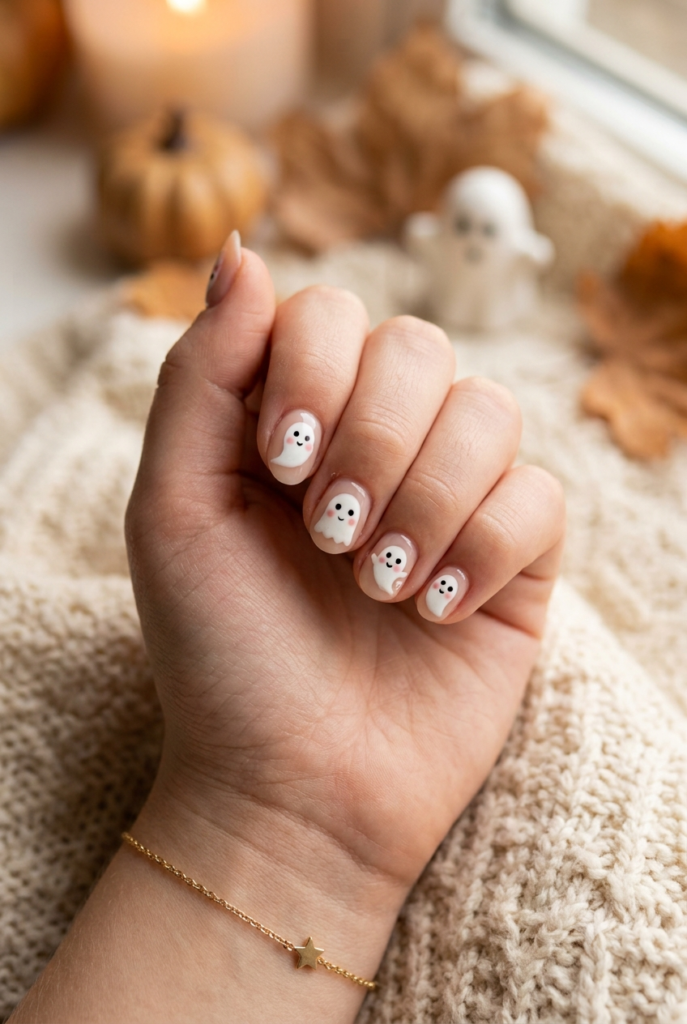 Short almond nails with nude base and tiny painted friendly ghosts