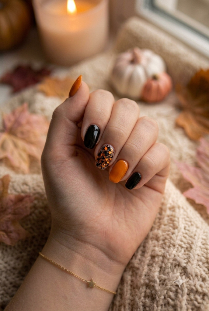Short natural nails alternating orange, black, and chunky glitter polish