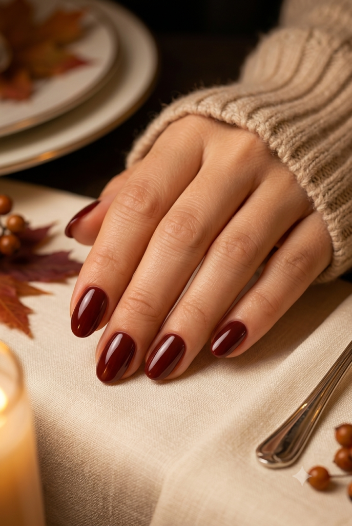 Short almond nails with glossy soft autumn maroon polish