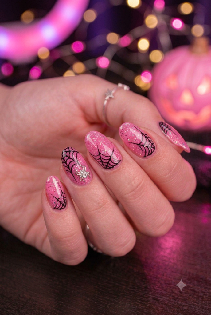 Short almond nails with glossy bold Barbie pink polish