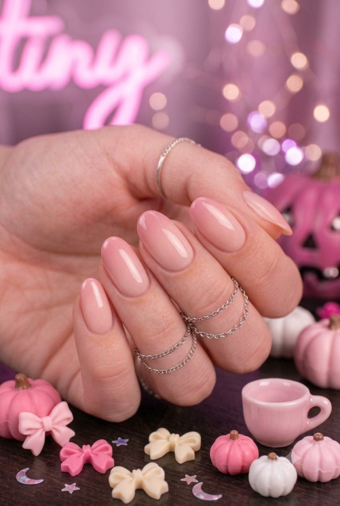 Short almond nails with nude base fading into blush pink ombre tips