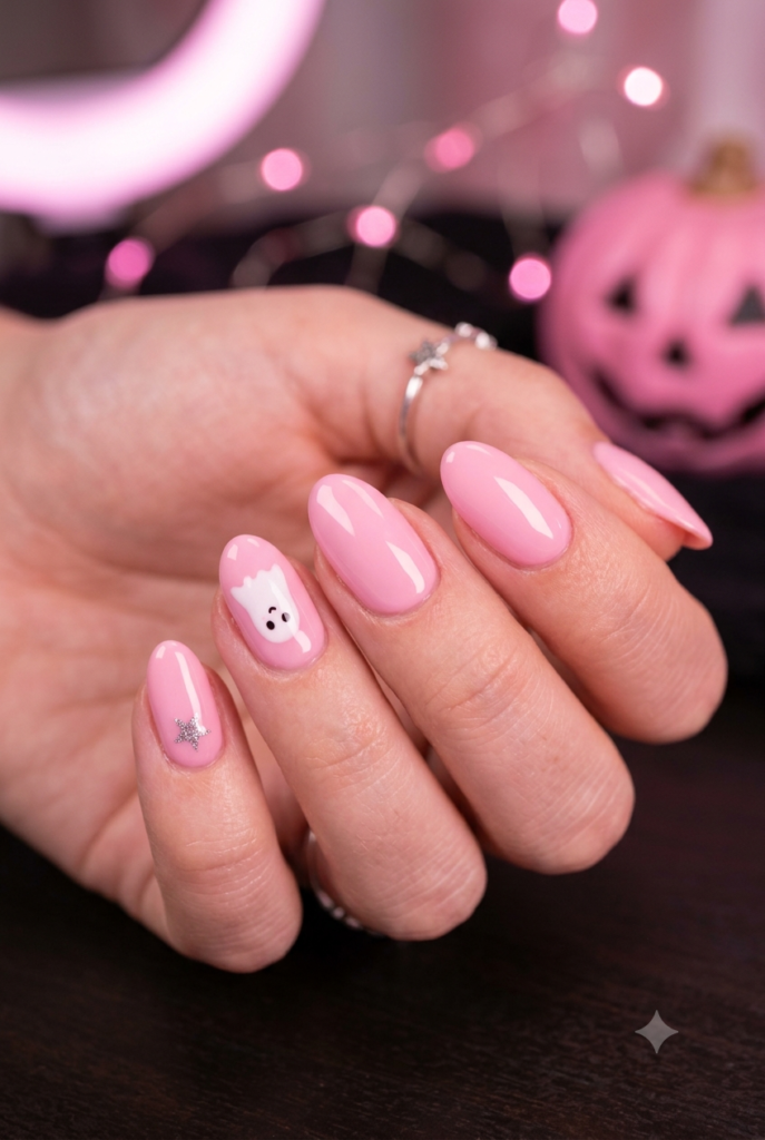 Short almond nails with glossy soft bubblegum pink polish