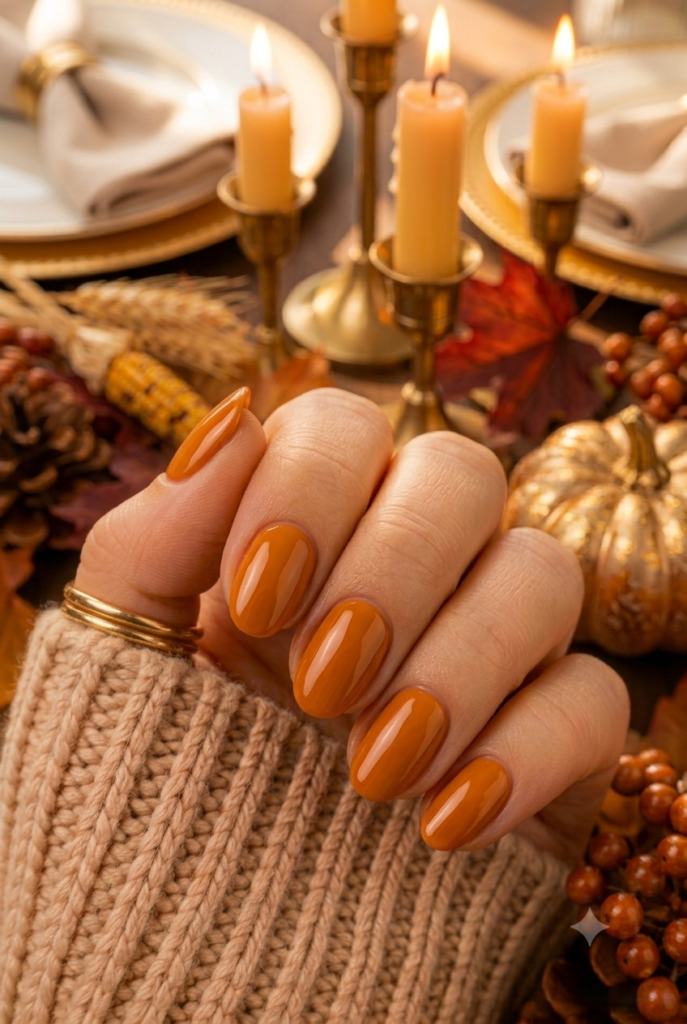 Short almond nails with glossy warm butternut squash orange polish