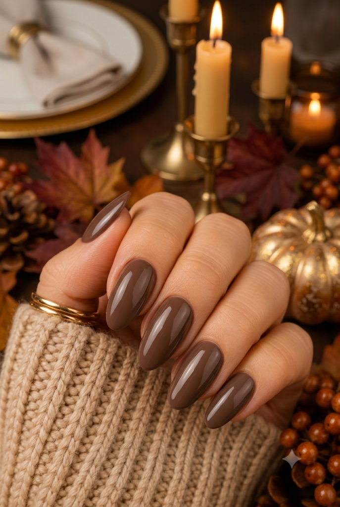 Short almond nails with glossy soft chocolate truffle brown polish