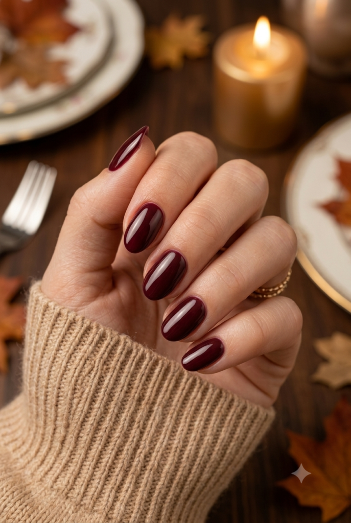 Short almond nails with glossy soft deep burgundy polish