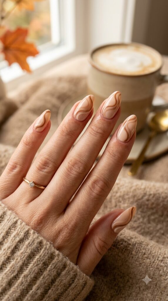 Glossy latte swirl nails for cozy September style