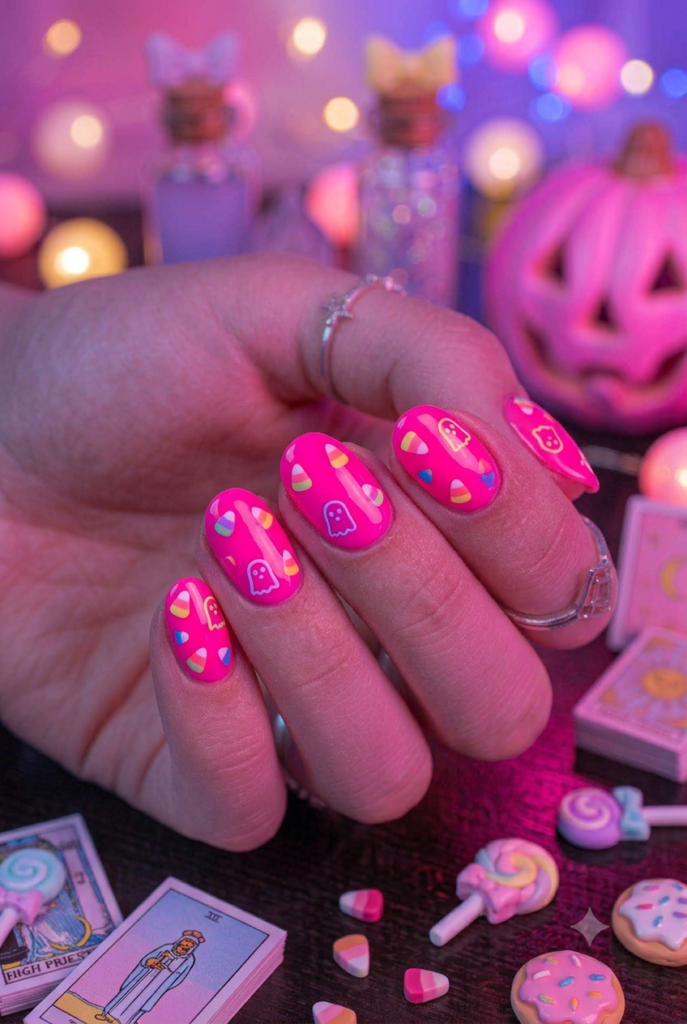 Short almond nails with glossy bold neon pink polish