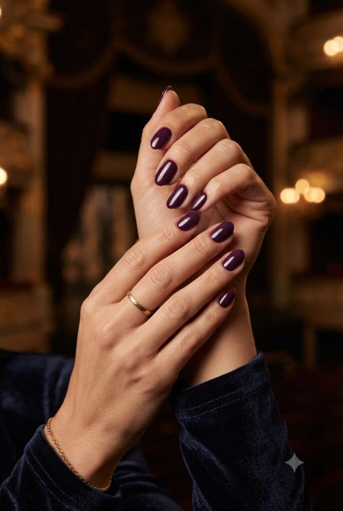 Short almond nails with glossy rich plum purple polish