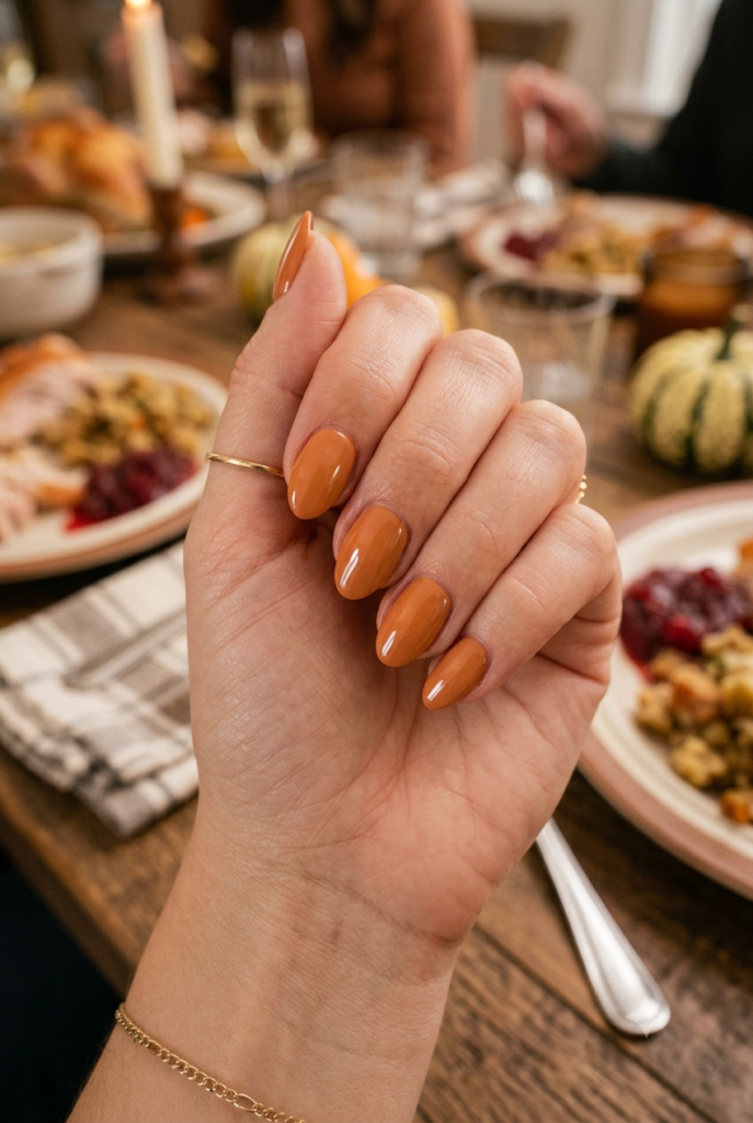Short almond nails with glossy warm terracotta orange polish