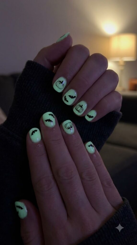 Short gel nails with glowing green polish and black bat silhouettes