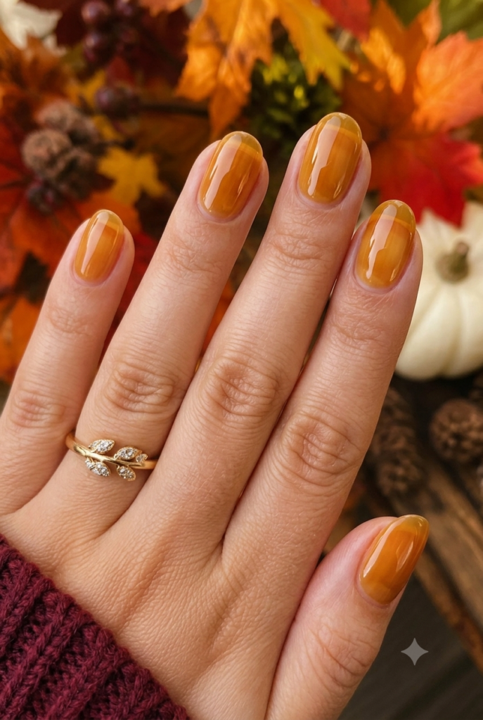 Short oval nails with translucent golden amber jelly polish